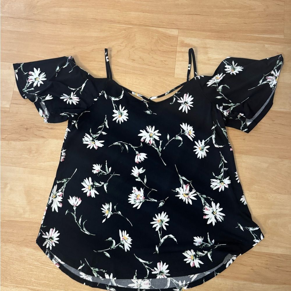 Strappy Off the Shoulder Black Floral Top Size Medium